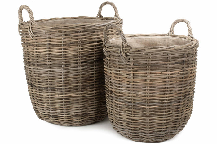 Vanilla leisure Hessian Lined Tall Round Fireside Grey Rattan Log Basket Set 2