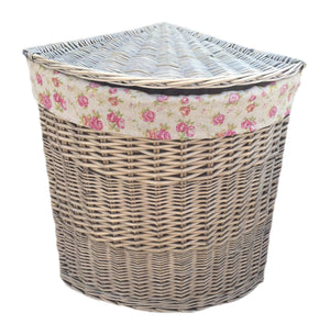 Vanilla Leisure Large Antique Wash Corner Linen Basket With Garden Rose Lining