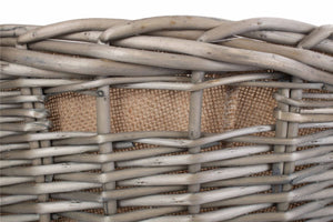 Vanilla Leisure Tapered Round Grey Lined Log Basket with integral handles and Hessian lining - Hand Crafted and Ethically Sourced - Antique wash finish willow.
