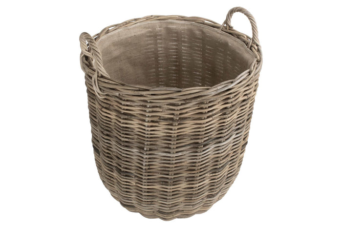 Vanilla Leisure Large Hessian Lined Tall Round Fireside Rattan Log Basket