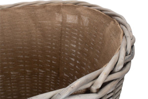 Vanilla Leisure Tapered Round Grey Lined Log Basket with integral handles and Hessian lining - Hand Crafted and Ethically Sourced - Antique wash finish willow.