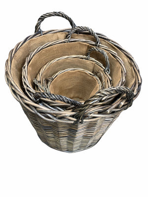 Vanilla Leisure Round Hessian lined wicker log baskets set of 4
