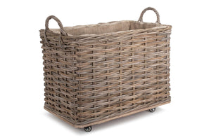 Vanilla Leisure Small Wheeled Rattan Hessian Lined Log Basket