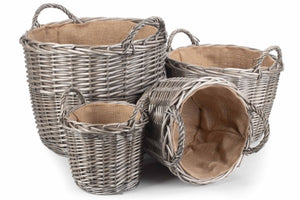 Vanilla Leisure Round Hessian lined wicker log baskets set of 4