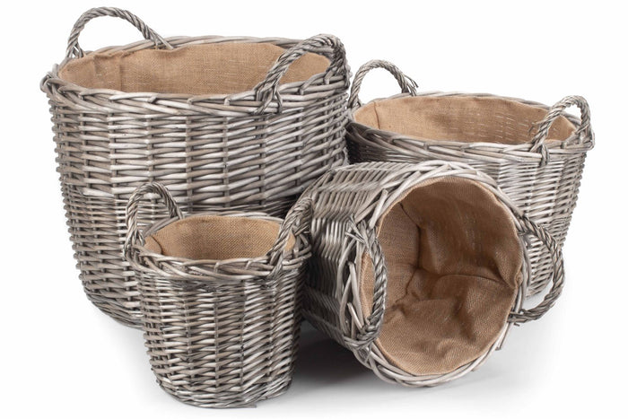 Vanilla Leisure Round Hessian lined wicker log baskets set of 4
