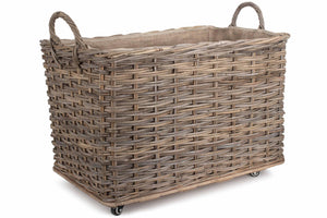 Vanilla Leisure Large Wheeled Rattan Hessian Lined Log Basket