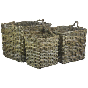 Vanilla Leisure Square Grey Rattan Log Basket Set 3